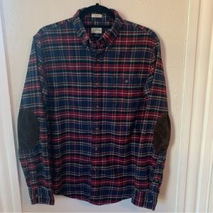 J Crew plaid flannel with brown elbow patches M